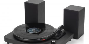 vinyl record player used with speakers